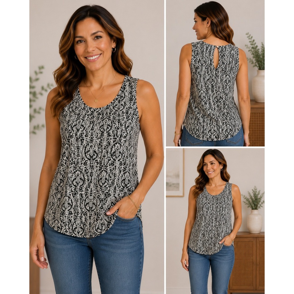 Rose & Olive Tank Top Small Black White Damask Keyhole High Low Sleeveless
